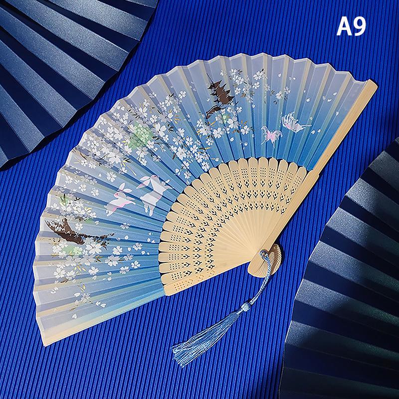 Vintage Chinese Style Folding Fan Bamboo Hand Fan Wooden Shank Classical Dance Fan With Tassel Elegent Female Fan Home Decor