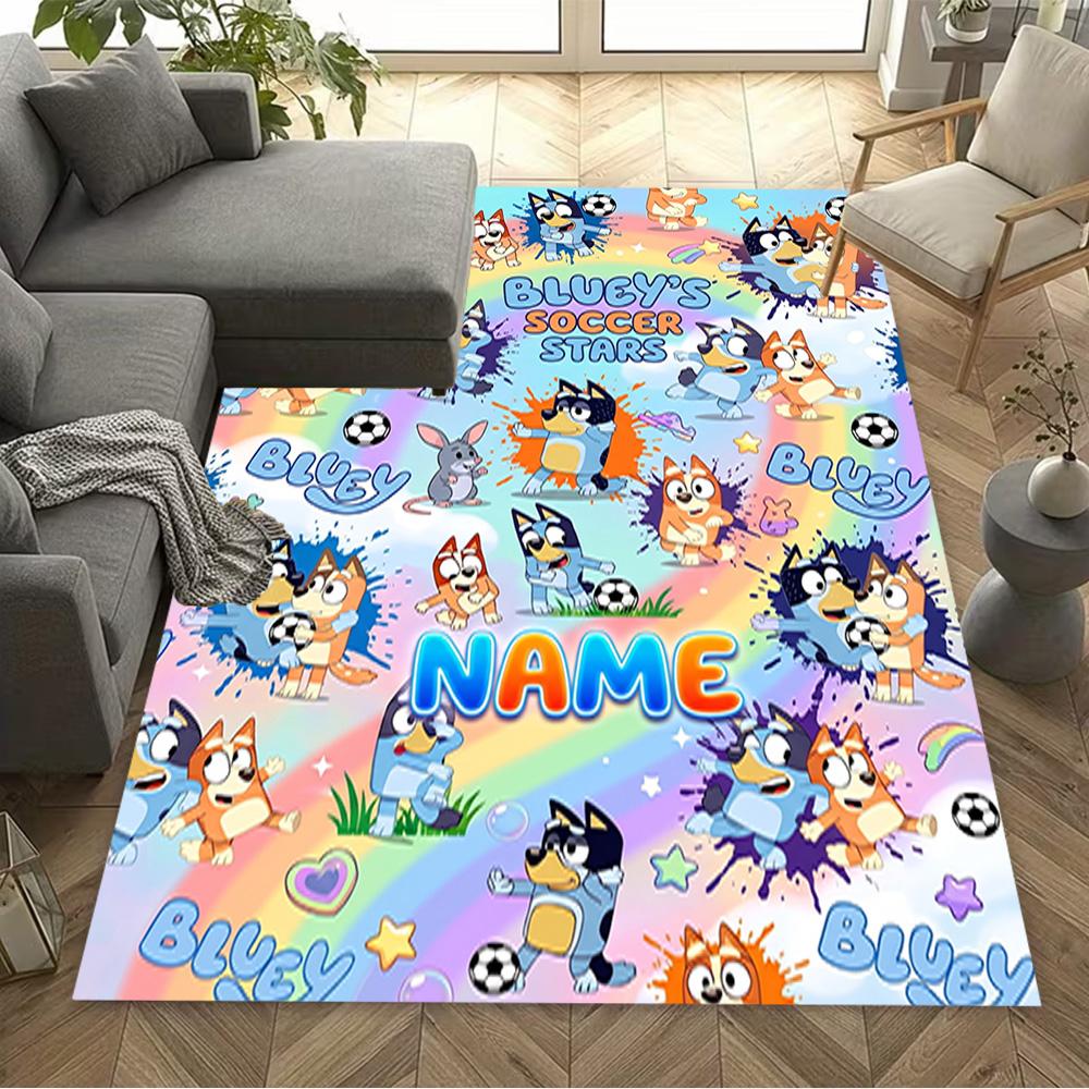Bluey's Soccer Fun Customized Name Floor Rug Office Rug Suitable for Bedrooms Playrooms Kitchen Dormitory Anti-slip Rug Decorate Offices