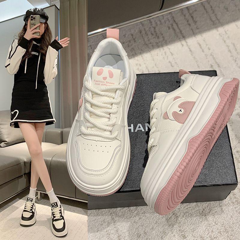 White Shoes for Women Spring New Thick Sole Height Increasing Design Versatile Lace-up Student Sports Casual Borad Shoes