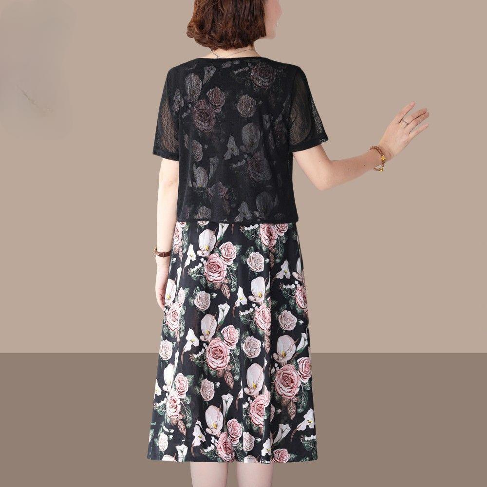 Elegantní letní šaty s krátkým rukávem pro ženy Móda pro střední věk Zeštíhlující Falešné dvoudílné Šaty pro matku