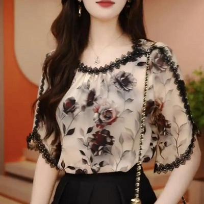 Top Estivo da Donna a Maniche Corte Larghe da Pendolare Design Stampato Casual Giovanile Blusa in Chiffon