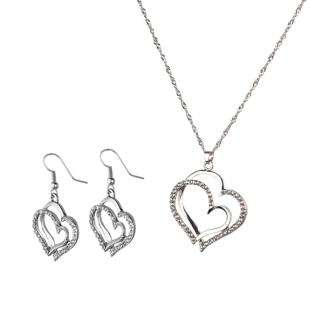 New European and American Style Rhinestone Double Heart Necklace and Earrings Set