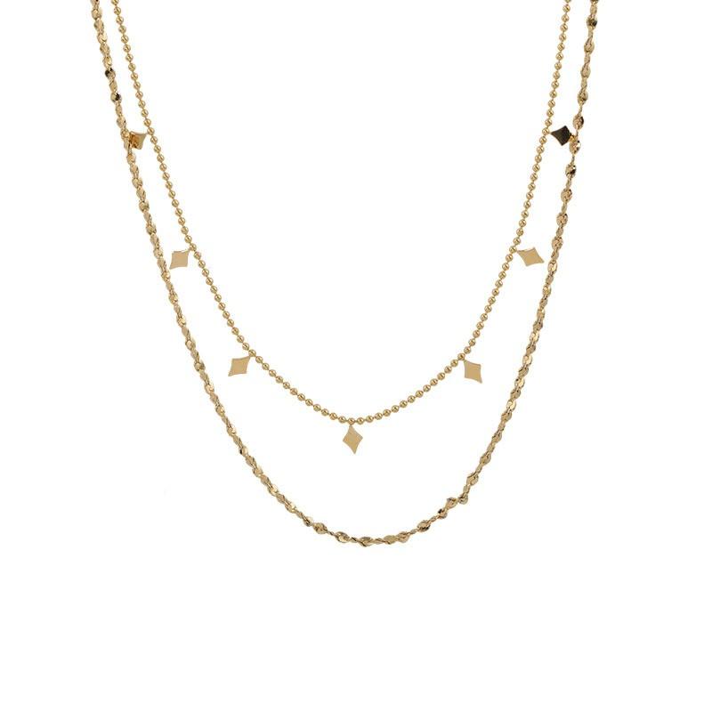 Double Layer Geometric Rhombus Sequin Pendant Necklace Women 18K Gold Plated Titanium Steel Hypoallergenic Fade-Resistant