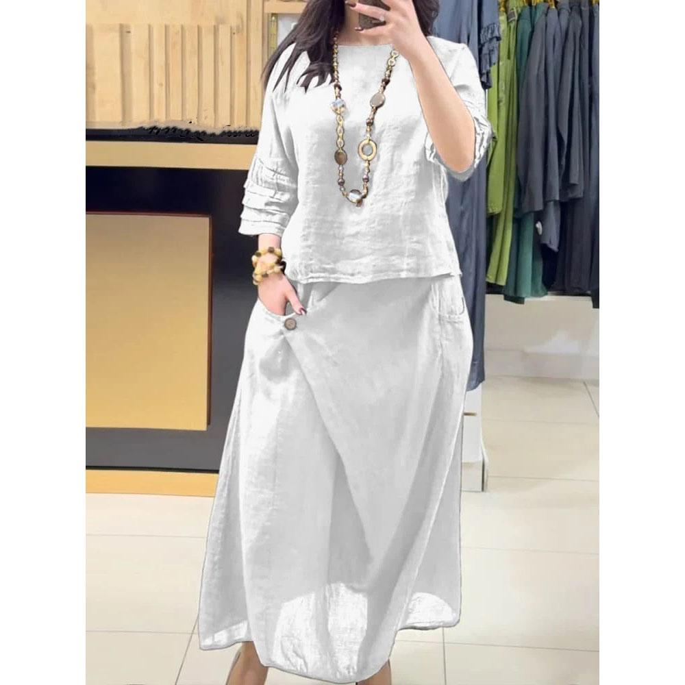 Women's Two Piece Set Casual Solid Color Blouse Top And Loose Midi Skirt Suit 2 Piece Sets Lady Elegant Outfit