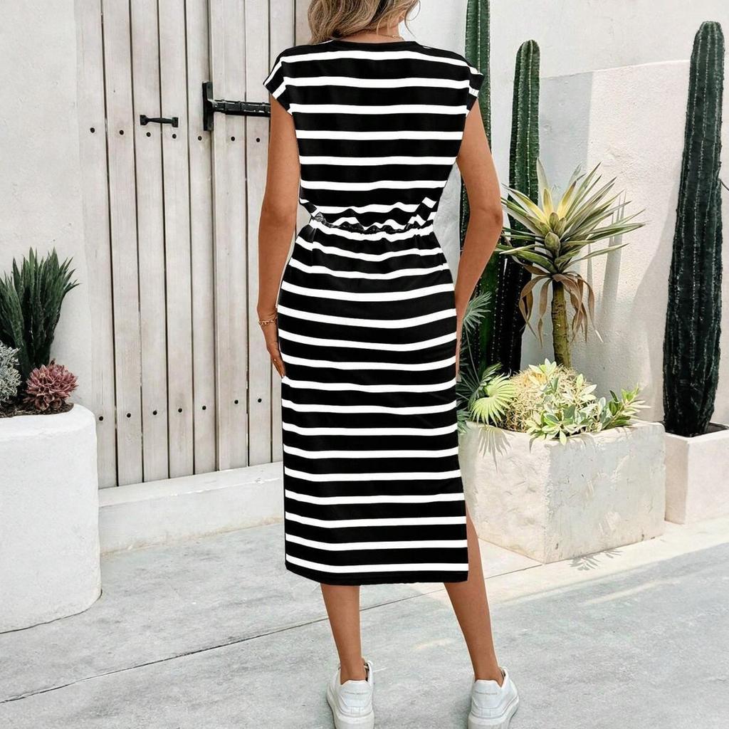 Women's Fashion Striped Loose Slit Round Neck Casual Dress