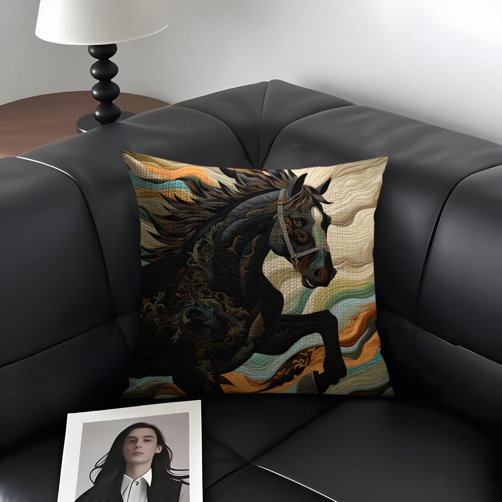 Printing Stylish Horse Fashion Cushion Cover Natural Linen Organic Fabric DoubleSided Printing Sofa Home Decor Gift Pillow Case
