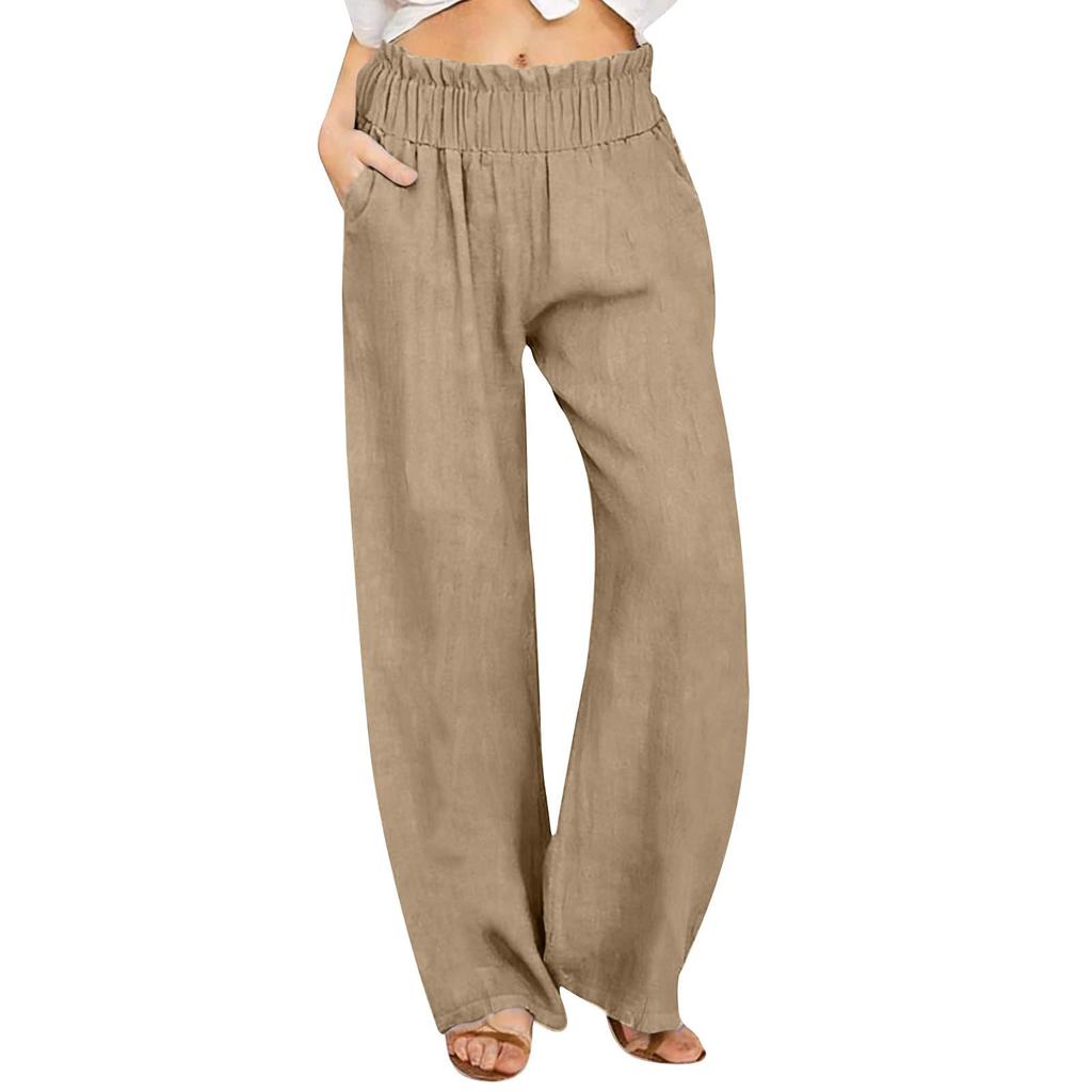 Damesbroek met hoge taille, elastische taille, wijde pijpen, casual pasvorm, lange broek met zakken