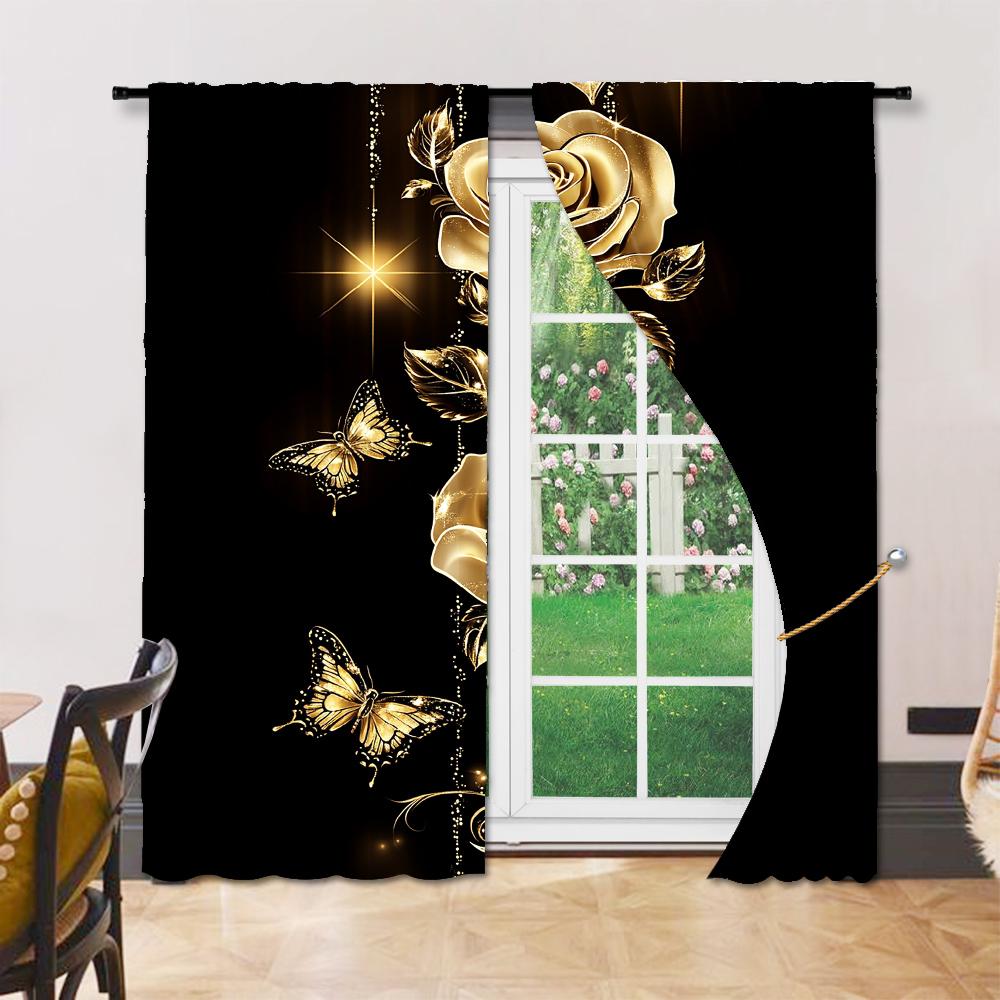 2Pcs Gold Rose And Butterfly Window Curtain Protect Privacy Bedroom Living Room Decorative Curtain Valentine'S Day Romantic Gift