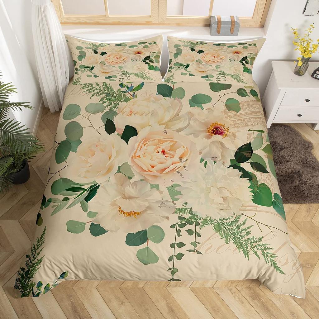 Vintage Flower King Full Queen Duvet Cover Retro Pink Floral Comforter Cover Rose Green Leaves Bedding Set Polyester Quilt Cover