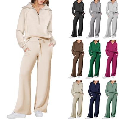 Women Autumn Casual Sports Suit Fashionable Zipper Long Sleeved Sweatshirt with Tie Up Waist Wide Leg Pants Two-piece Set