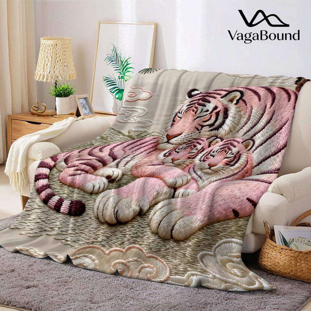 Embroidery Pink Tiger Printed Blanket Suitable for Sofas Beds Offices Travel Camping Chairs Warm Plush Blanket