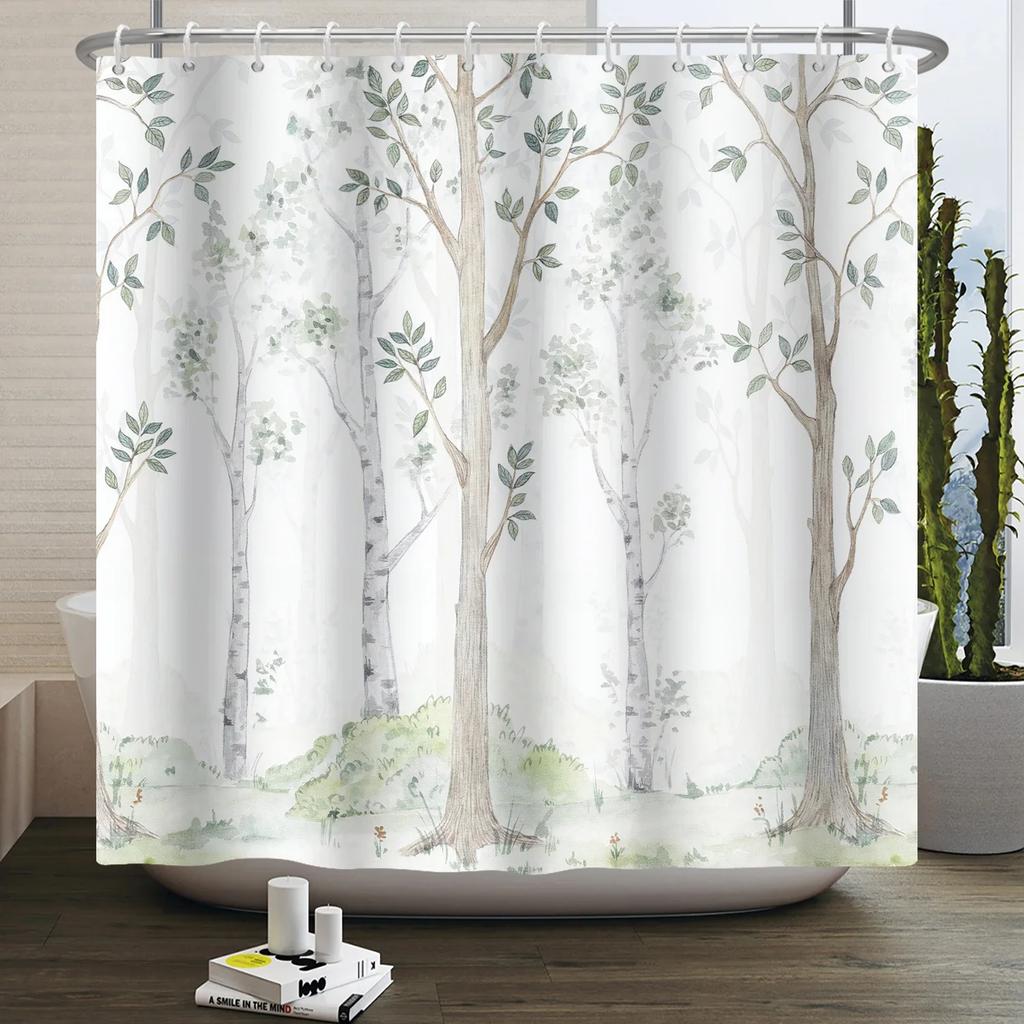 Forest Animals Shower Curtain jungle Trees Plant Wildlife Bird Bear Elk Fox Deer Modern Minimalist Kids Bathroom Shower Curtain