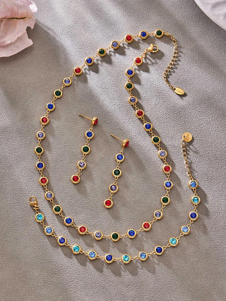 Elegantes Armband- und Halskettenset aus 5A-Zirkonia-Edelstahl mit farbigen Diamantquasten-Ohrringen