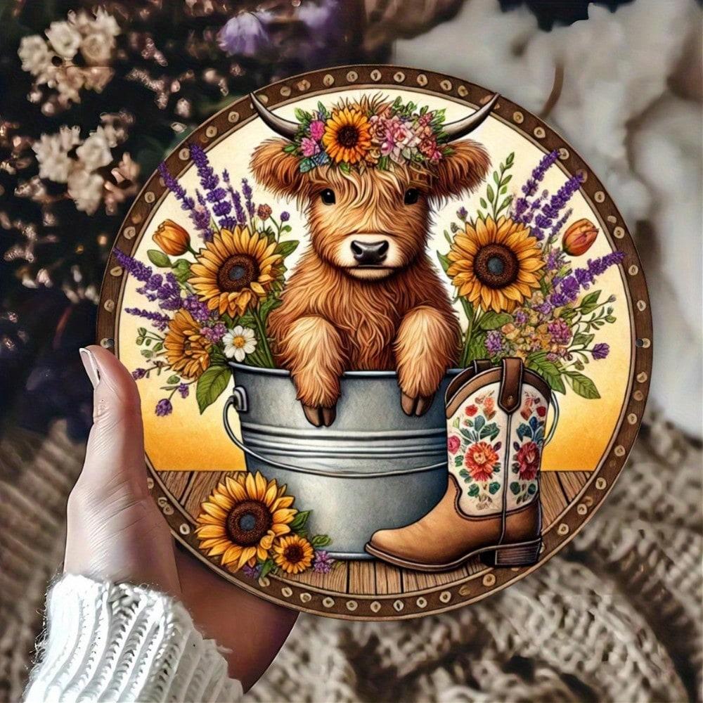 Vintage Metal Wall Art Floral Highland Cow Plaque Rustic Farmhouse Decor 20x20