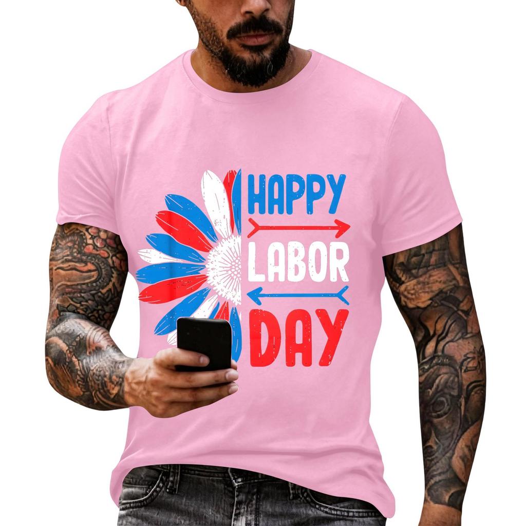 Men's Casual Loose Fit Short Sleeve T-Shirt Crew Neck Printed Graphic Tee for Labor Day Celebration Comfortable Everyday Wear