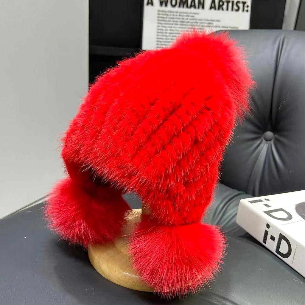Mink Hair Women Hat Winter Thickened Warm Ear Protection Mink Woven Hat Fur Fox Ball Hat