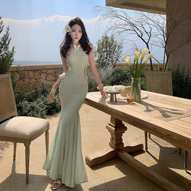 Niche Temperament Butterfly Neck Hollow Dress Backless Thin Fishtail Dress Long Dress Sea