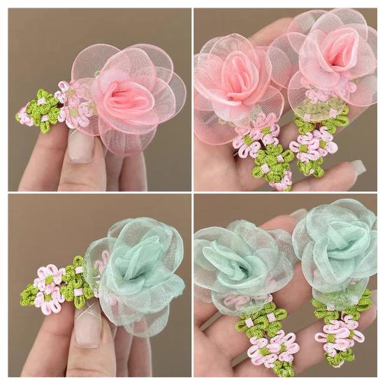 Hairpin Organza Flower Hair Clip with Hand-Crocheted Petals Leaves Sweet Style Bang Hair Pin Hair Accessories
