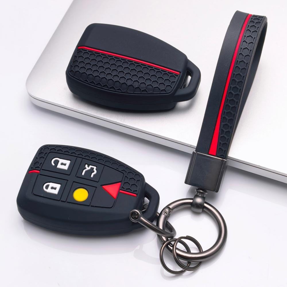 Silicone Key Fob Cover with keychain for Volvo XC90 XC70 XC60 S80 S60 V70 V50 C30 This Soft Protective Key Case Fits 5 Button Smart Remote Keys It