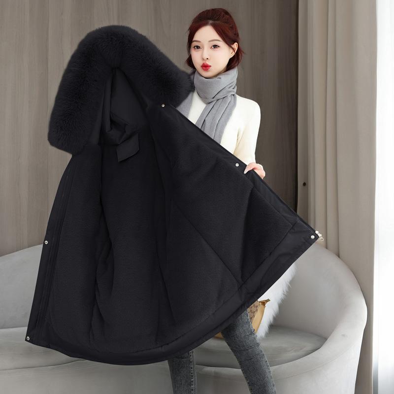 Mid To Long Autumn And Winter Women's Fashionable Warm And Plush Thick Solid Color Parka Coat