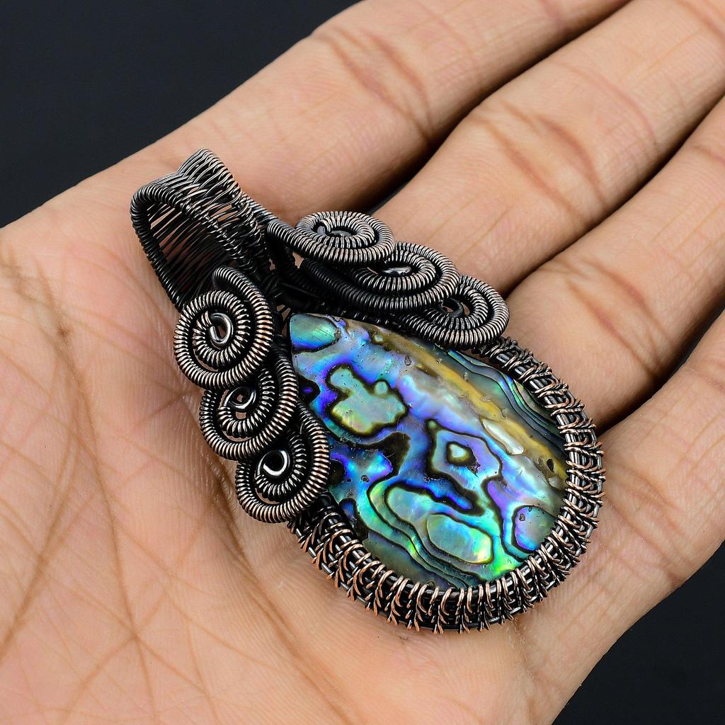 Abalone Shell 999 Copper Wire Wrapped Pendant, Handmade Gemstone Pendant Jewelry, Gifts For Wife Brand New Pendant