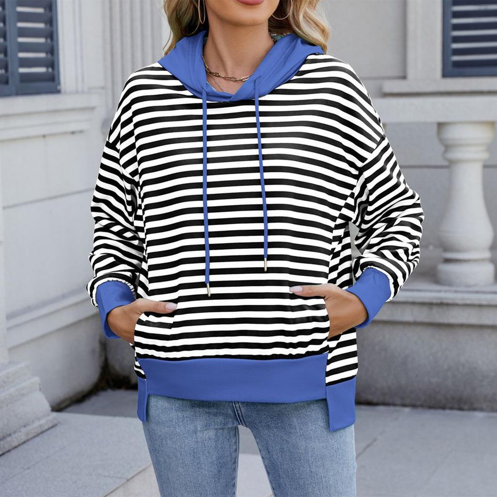 Damen Modischer Lässiger Gestreifter Kapuzenpullover mit Tasche Locker Langärmlig