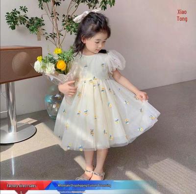 Girls' Summer Korean Style Floral Embroidered Mesh Princess Dress for Infants and Toddlers