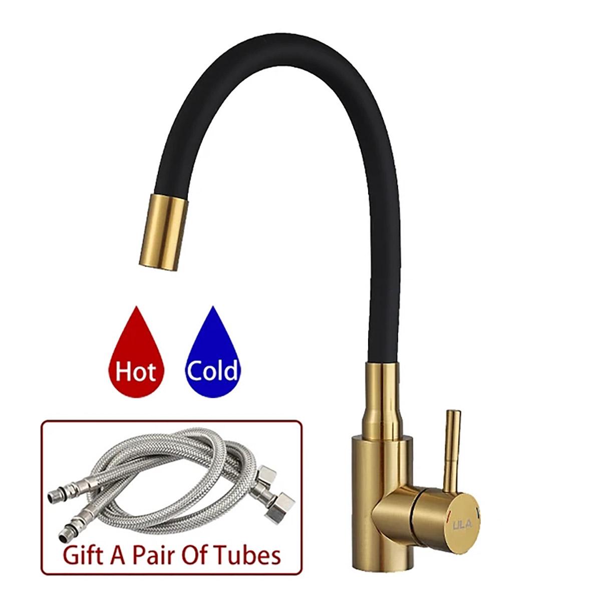 

ULA кухонный смеситель для кухни, смеситель для горячей и холодной воды, крепление на палубе, поворот на 360 градусов, гибкий излив, смеситель для раковины для кухни, золотой кран G1/2 чёрный/золотой