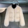 Women Autumn Winter Short Faux Fur Coat Ladies Round Neck Long Sleeves Jacket Comfortable Thickening Plush Outwear