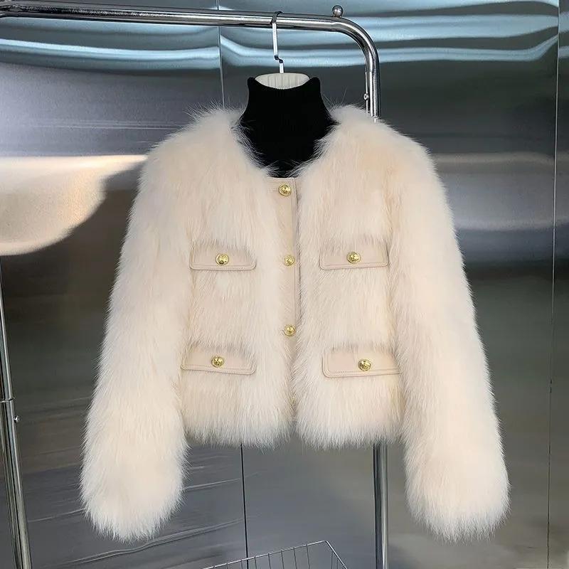 Women Autumn Winter Short Faux Fur Coat Ladies Round Neck Long Sleeves Jacket Comfortable Thickening Plush Outwear