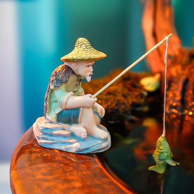Aquarium Sitzende Angelfigur Sandstein Fischerstatue Miniaturlandschaft Vintage
