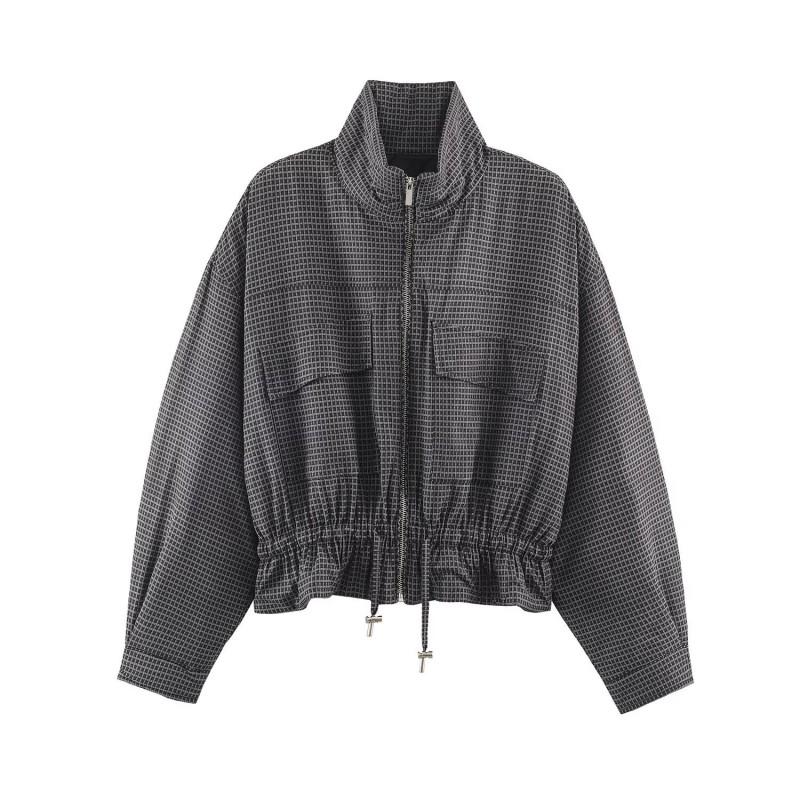 2026 Womens Plaid Stand Collar Cotton Jacket Casual Zip Up Outerwear