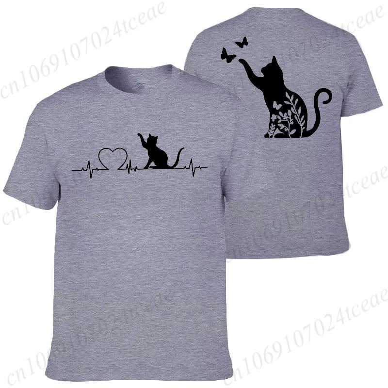 Fashion Cat Heartbeat Graphic Y2k Tops Men s T-shirt Summer Short-sleeved T-Shirts Funny Sarcastic Black Cat Lovers Men T-shirt S разноцветный