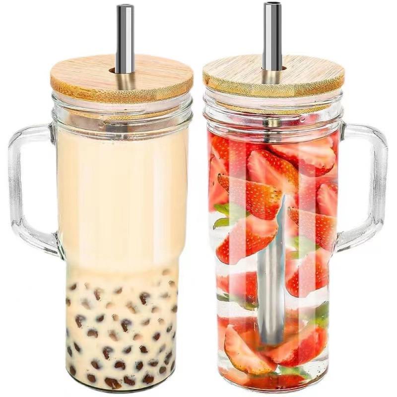24oz Mason Jar with Wooden Lid & Handle, Straw, Ice Buster Design for Milk Tea