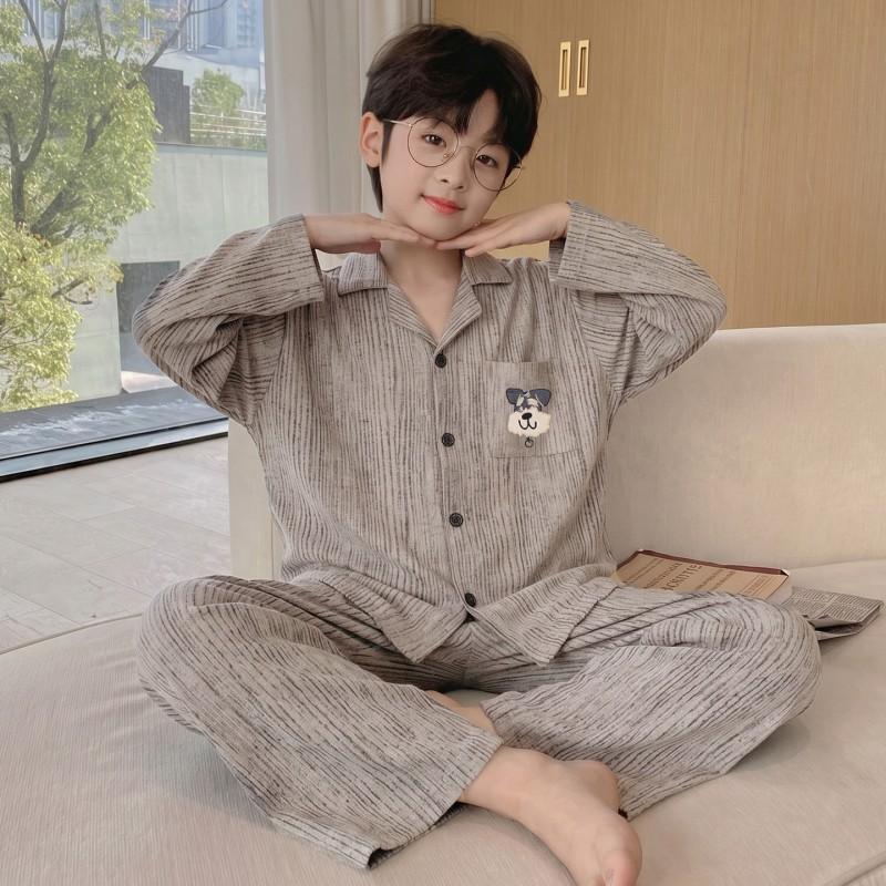 Boys Long Sleeve Cotton Pajamas Set Cartoon Print Soft Sleepwear Kids Teens Home Wear