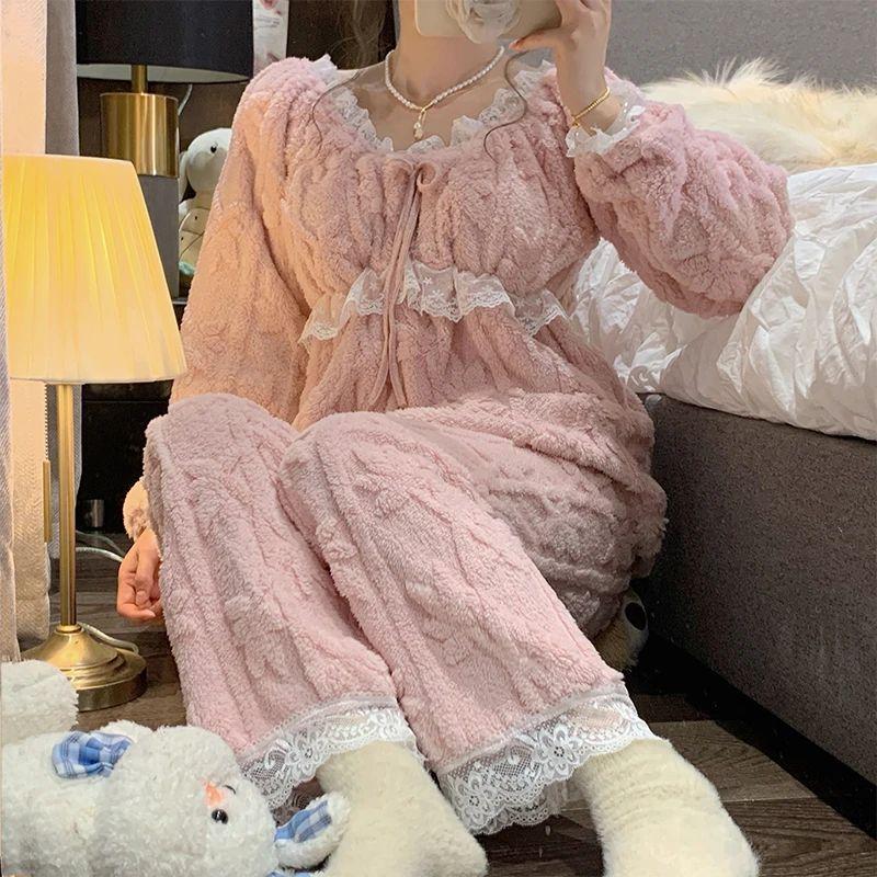 Winter Plush Soft Warm Women's Pajamas Lace V-neck Long Sleeve 2 Piece Outfit Set Women Sweet Solid Color Princess Home Wear