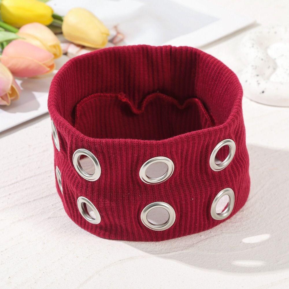 Metal Eyelets Punk Headwrap Wide Elastic Hollowed Out Eyelets Headband Rock Head Band  Punk Girl