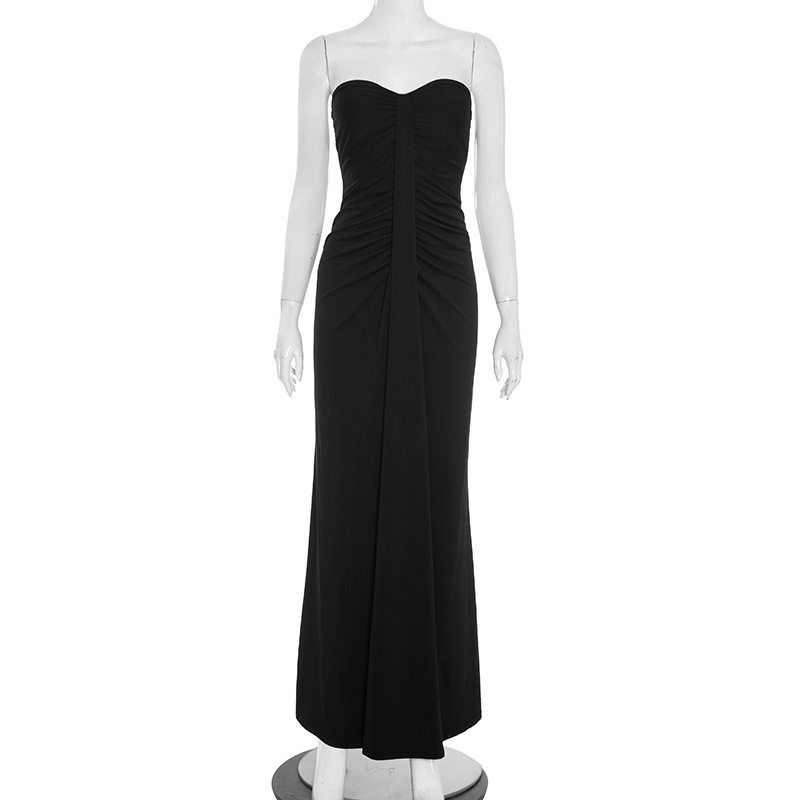 

C25Ds236 European and American Women s Fashion Autumn New Cross-Border Style Solid Color Slim Fit Sweetheart Ruched Wrap Sleeveless Long Dress Black L