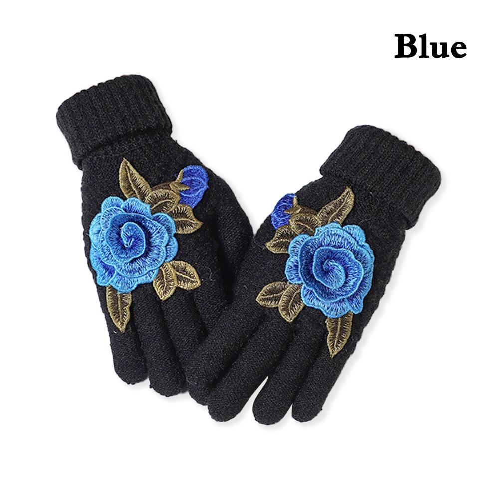 Soft Winter Gloves Embroidered Flower All Finger Gloves Knitted Gloves  Outdoor Cycling Driving
