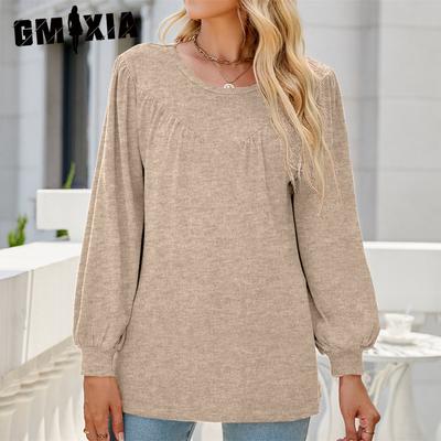 Women's Fashion Casual Autumn Winter Solid Color Print Long Sleeve O Neck Blouses & Shirts