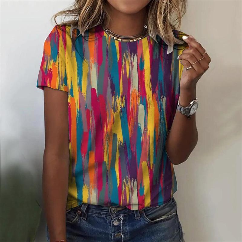 Ladies' Fashion 3D Printed Geometric Pattern Square Stripe Series Loose Casual T-Shirts Women’s