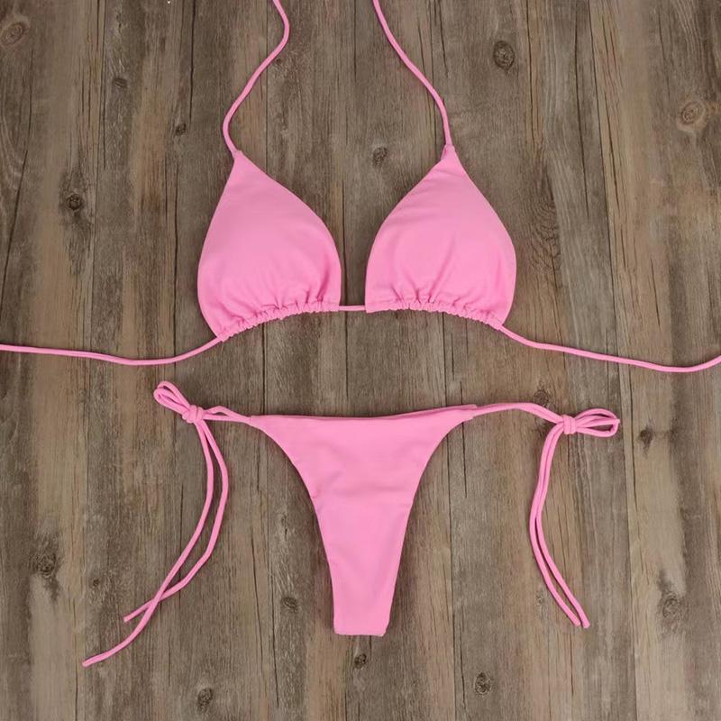 1Set Three-point Set European Style Tie Split Swimwear Solid Color Bikini Sexy Swimsuit