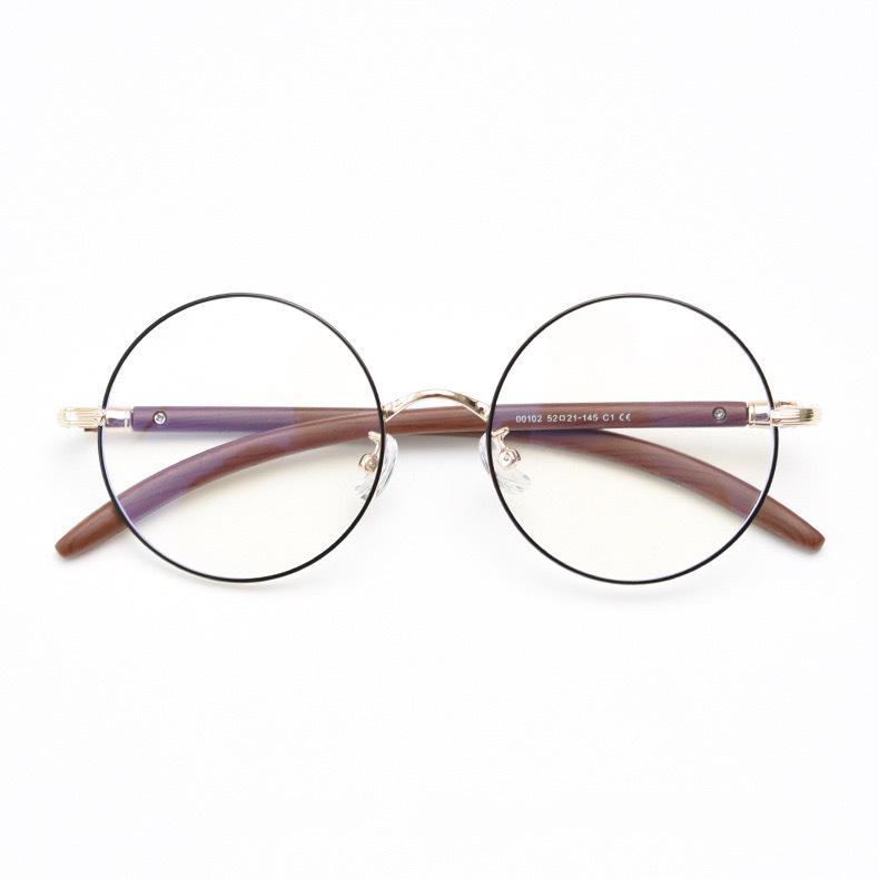 00102 Retro Japanese Metal Big Round Glasses Frame Men And Women Myopia Plain Light Wood Grain Legs Literary Frame