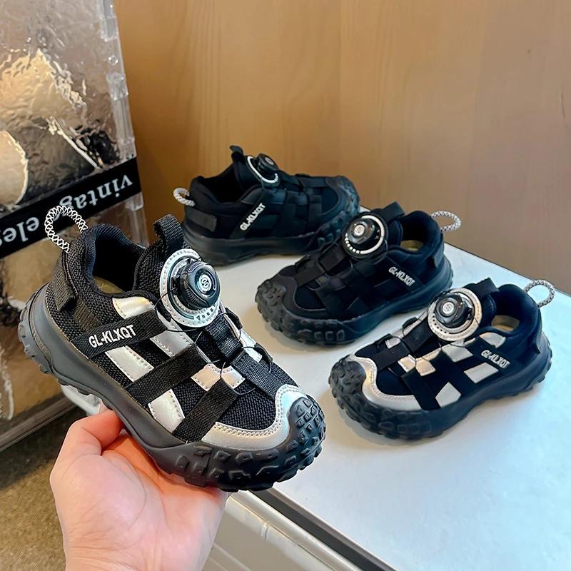 Students Running Shoes Thick Soft Sole Kids Sports Shoes with Rotating Buttons 2024 New Boys Girls Sneakers Non-slip Toes Capped