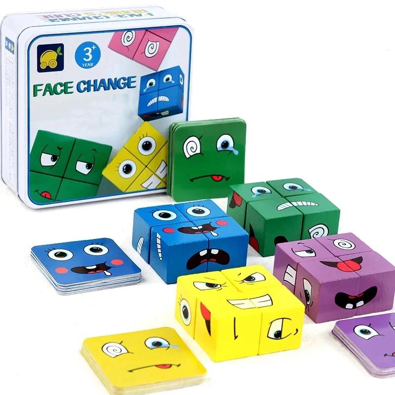 Wooden Face Changing Cube Toys Building Blocks For Cartoon Puzzle Montessori Jigsaw Kids Toy Educational Board Game Family Toys
