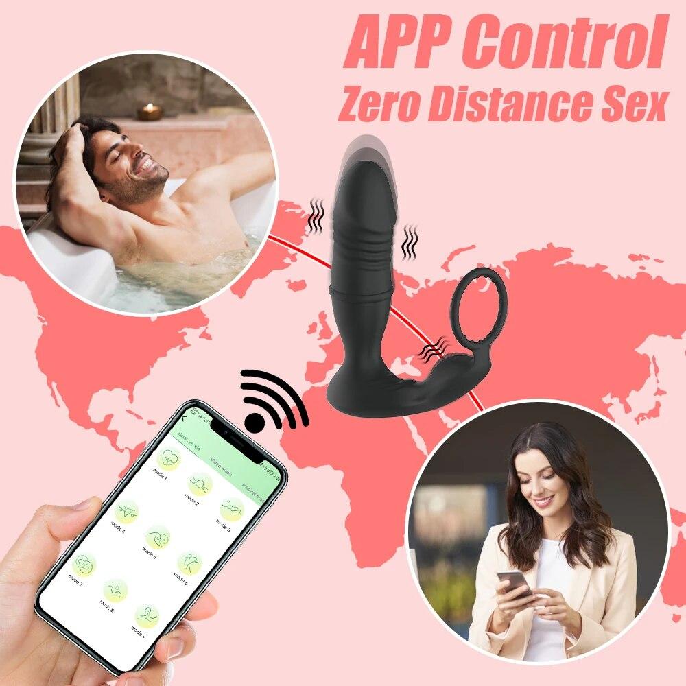 APP Controlled Anal Plug Bluetooth Thrusting Vibrator Prostate Massager Delay Ejaculation Lock Ring Butt Plug Sex Toys for Men