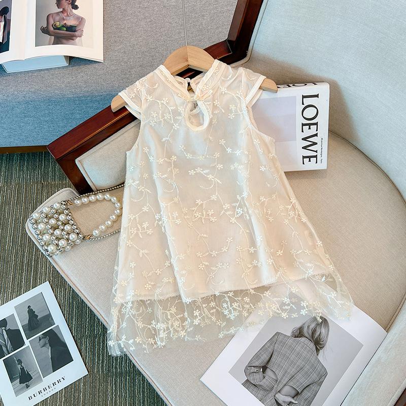 Girls Summer Floral Sleeveless Qipao Dress Kids Lace Trim Princess Party Dress For Toddler And Little Girl 90cm