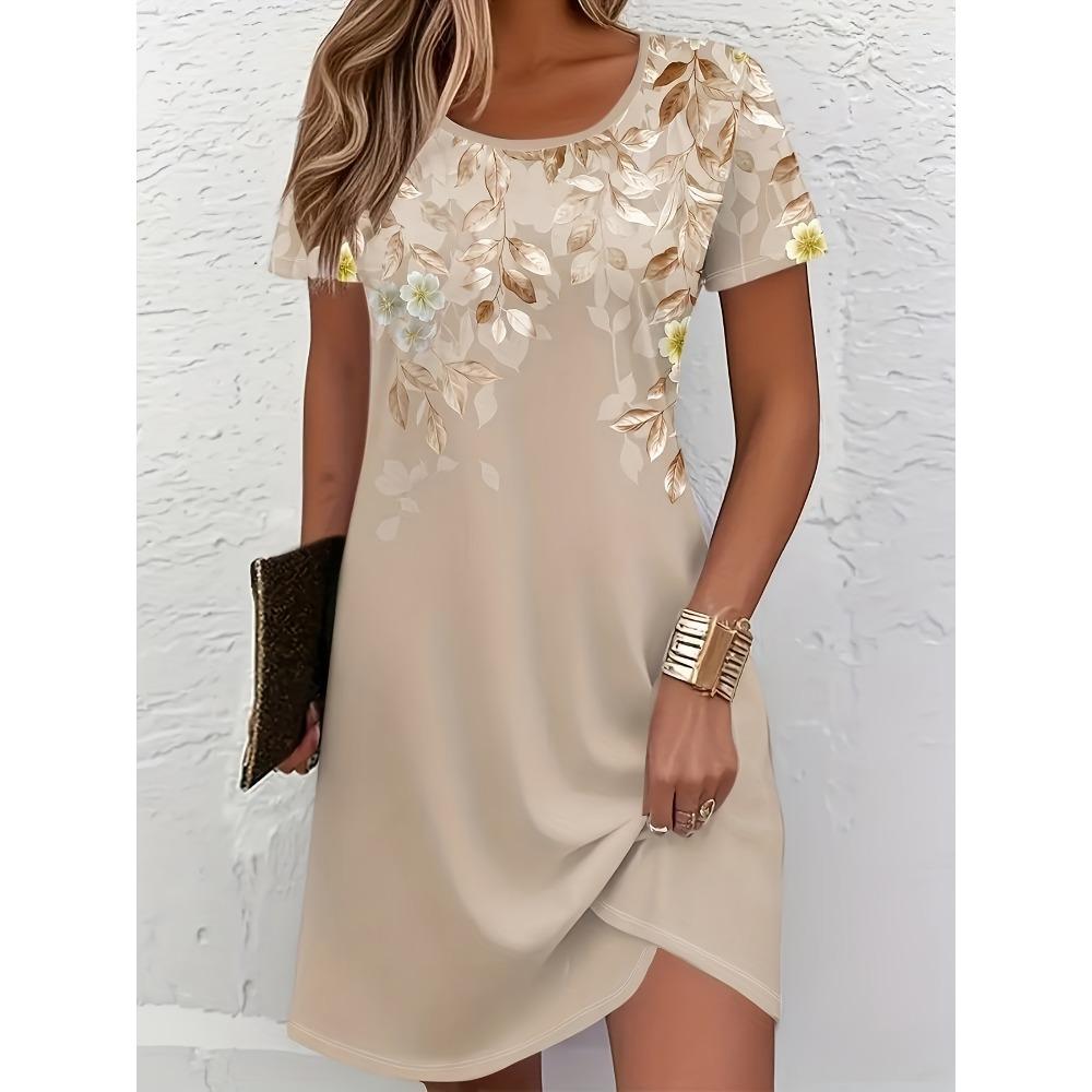 Floral pattern 3D printed women's street fashion short-sleeved round-neck mini dress