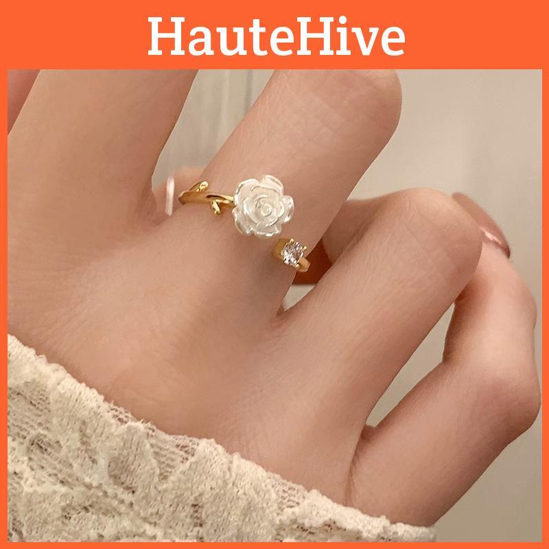 Anel Exquisito de Flor de Camélia Ajustável Para Mulheres Com Gemas de Zircônia Espumantes