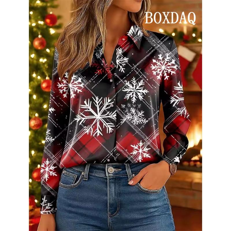 Christmas Women's Plaid Snowflake Blouse Elegant Shirt Fashion Casual 3D Print X-Mas Party Wear Autumn Long Sleeve Tops